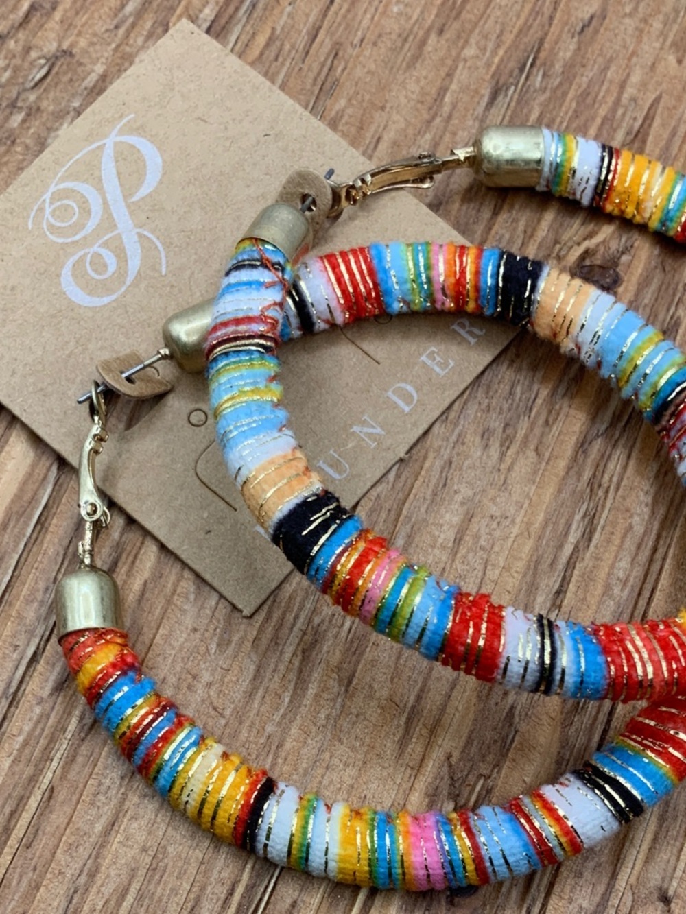 Plunder Design Multicolor Striped Bohemian Style Gold Tone Accents Hoop Earrings